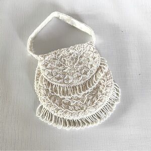 Vintage Beaded Satin Ivory Handbag Tassels Rounded Bottom Single Flap Purse
